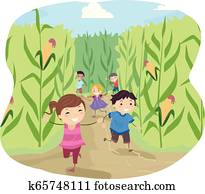 Stickman, kinder, maislabyrinth, laufen, abbildung Stickman, kinder, maislabyrinth, laufen, abbildung