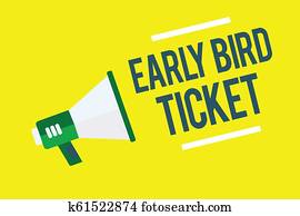 לכתוב, ראה, להראות, צפור מוקדמת, ticket., עסק, צילום, showcasing, לקנות כרטיס, לפני, זה, יצא, למכירה, ב, רגיל, מחיר, מגפון, רקע צהוב, חשוב, מסר, לדבר, loud.