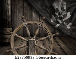 Pirates ship steering wheel with old jolly roger flag