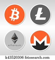 Bitcoin, Litecoin, Ethereum, Monero logo Bitcoin, Litecoin, Ethereum, Monero logo