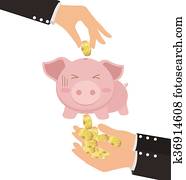 Business Hand Putting Gold Coin Into Cute Piggy Bank But Got Stolen
