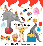 circus, verjaardagsfeest, lijntekeningen, elem