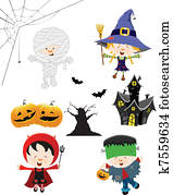 halloween, niño, conjunto