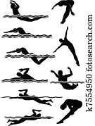 natação, &, mergulhar, macho, silhuetas