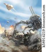 Soldiers repel the attack of the giant spider robot. Soldiers repel the attack of the giant spider robot.