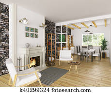 פנים, של, סלון, עם, אח, 3d, השבה