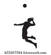 排球運動運動員, 服務球, 被隔离, 矢量, silhouette., 邊, 觀點。, 隊運動