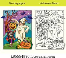Coloring with colored example Halloween ghost and witch Coloring with colored example Halloween ghost and witch