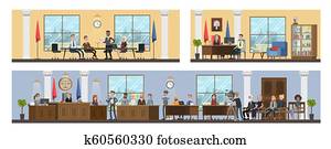 Court building interior with courtroom and offices. Court building interior with courtroom and offices.
