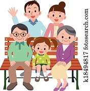 familia feliz, sentado, en, un, banco