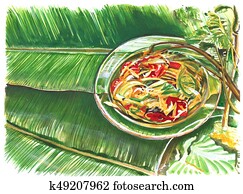 Thai food papaya salad hand painting Thai food papaya salad hand painting