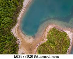 Aerial view of Lagoa do Fogo, a volcanic lake in Sao Miguel, Azores Islands