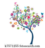 colorido, feliz, árvore, com, flores, e, borboletas