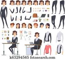 Female business animation. Director office manager woman body parts clothes and business wardrobe items vector character creation kit Female business animation. Director office manager woman body parts clothes and business wardrobe items vector character creation kit