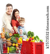 Happy family with a shopping cart.