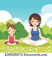 ioga, parque, mãe, filha