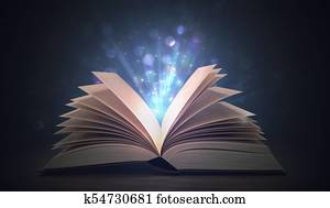 Open shining magic book on dark background. 3D rendered illustra Open shining magic book on dark background. 3D rendered illustra