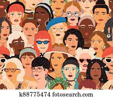 Seamless pattern with diverse female faces. Crowd of fashionable and stylish modern women. Colorful repeatable background with multiracial people. Diversity concept. Colored flat vector illustration