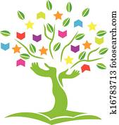 árbol, con, manos, libros, estrellas, logotipo