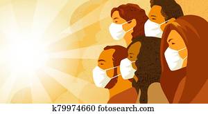 coronavirus, covid-19, pandemia, concept., קבוצה של אנשים, ב, רפואי, mask.