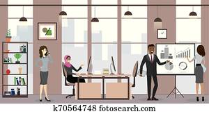 gruppe geschäftsleute, oder, büroangestellte, in, modernes, büro