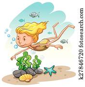 menina, desfrutando, submarinas