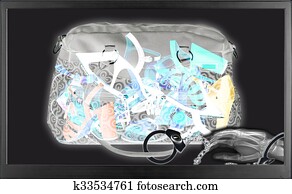 Bag full of women shoes seen by x-ray Bag full of women shoes seen by x-ray