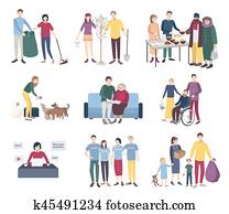 jovem, voluntários, set., apartamento, vetorial, ilustração, collection., ajuda, a, desabrigado, scavengery, ajudando, para, incapacitado, e, pessoas anciãs, animais, árvore, planting., oferecer-se, concept.