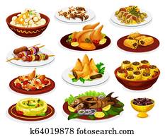 ramadan, iftar, צלחות, עם, meat,, fish, ו, קינוחים