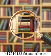 Searching in library. Loupe and books. Searching in library. Loupe and books.