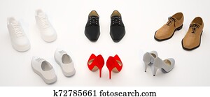 Set of women's and men's shoes. Beige, red and white shoes isolated on light background. Set of women's and men's shoes. Beige, red and white shoes isolated on light background.