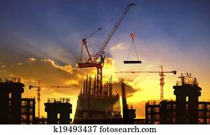 grande, guindaste, e, construção edifício, contra, bonito, dusky, céu, uso, para, indústria construção, e, engenharia