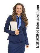 Happy business woman with book