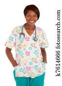 lächeln, afrikanischer amerikaner, krankenschwester, posieren