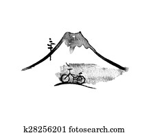 Mountain Fuji and bike, japanese art Mountain Fuji and bike, japanese art