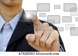 business young pushing digital button on whiteboard. business young pushing digital button on whiteboard.