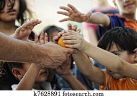 Hungry children in refugee camp, di