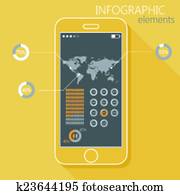 Illustration with a mobile phone. Set of infographic elements in flat style with the world map, gender signs and a long shadow