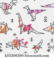 Ink origami dinosaurs with abstract colorful splash seamless pattern. Fun design for background, fabric, wrapping. Ink origami dinosaurs with abstract colorful splash seamless pattern. Fun design for background, fabric, wrapping.