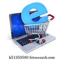 Laptop and abstract e-shop cart Laptop and abstract e-shop cart