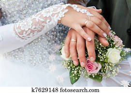 mãos, e, anéis, ligado, buquê casamento