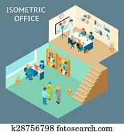 büro, work., isometrisch, flache, 3d, über, büropersonal