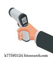 Isometric Medical Digital Non-Contact Infrared Thermometer. It measures the ambient and body temperature without contact with colored warning symbols. Isometric Medical Digital Non-Contact Infrared Thermometer. It measures the ambient and body temperature without contact with colored warning symbols.