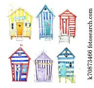 Set of hand painted, colorful watercolor beach huts Set of hand painted, colorful watercolor beach huts