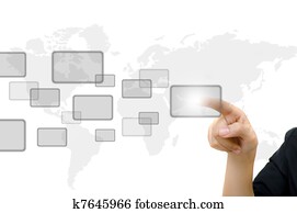 business young pushing digital button on whiteboard. business young pushing digital button on whiteboard.