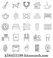 Cozy home icons set, outline style Cozy home icons set, outline style