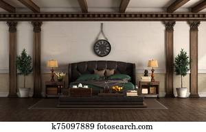 Retro style master bedroom with leather double bed Retro style master bedroom with leather double bed