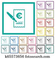 Signing Euro cheque flat color icons with quadrant frames