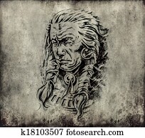 Sketch of tattoo art, portrait of american indian head over colorful