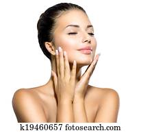 יופי, woman., יפה, צעיר, נקבה, לגעת, שלה, עור